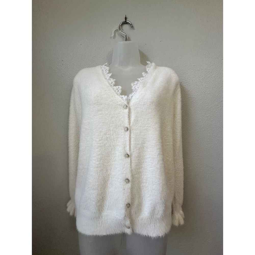 Ikoone & Bianka Paris Fuzzy Eyelash Knit Lace Trim Cardigan Cream White One Size